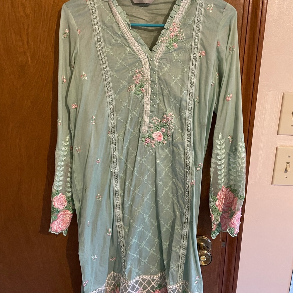 Maria B Mint Green Embroidered 3 pc suit with Pink Floral Accents